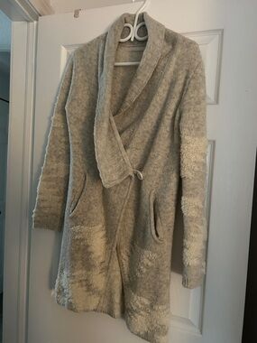 Cozy Shawl Collar Long Knit Coatigan - Light Gray with White